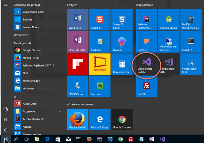 Visual Studio Installer from Start menu